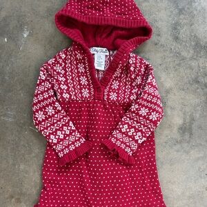 Red and White Hooded Knit Sweater Dress